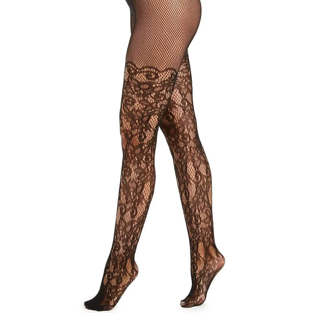 L292 I.n.c. Black Lace Fishnet-Effect Tights - XS